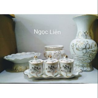 [COMBO] Bộ đồ thờ cúng Sứ Bạch Ngọc hoa sen Lư hương 5 inch ( Ly có nắp đậy)