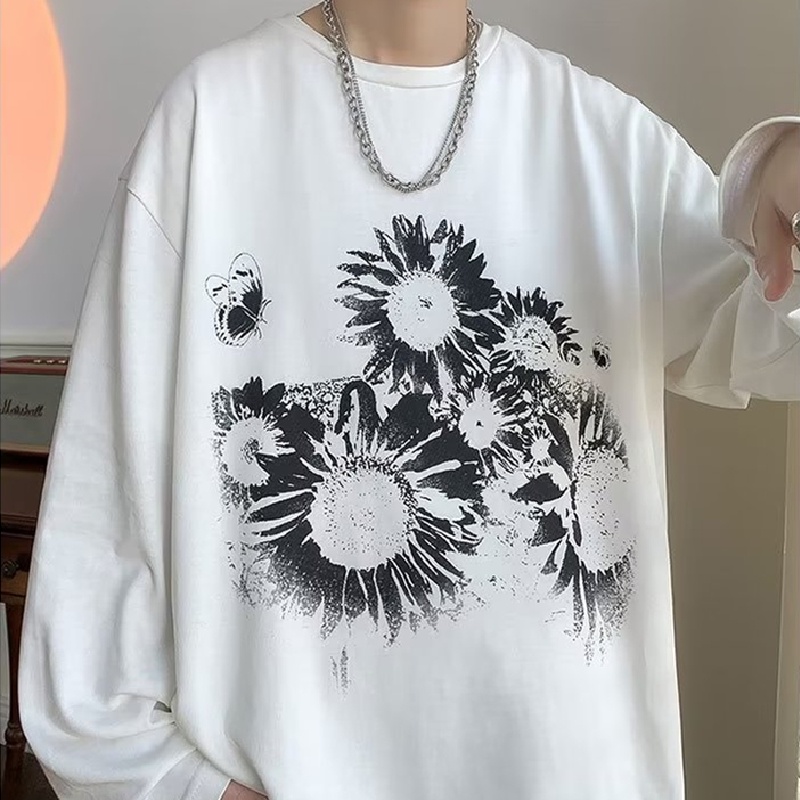 Áo Thun Tay Dài Dáng Rộng In Họa Tiết Hoa Phong Cách Hàn Quốc Thời Trang Cho Nam Và Nữ size M-5XL