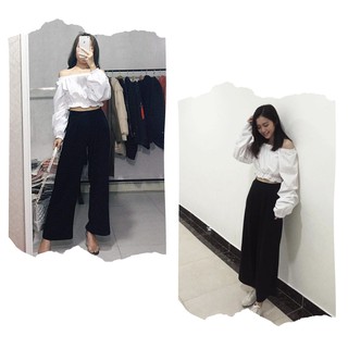 Áo trễ vai croptop tay dài đen trắng voan lụa bèo nhúng