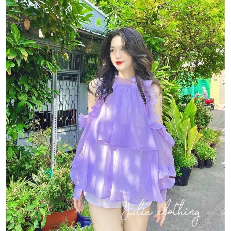 áo baby doll bèo khoét vai cổ yếm nơ voan lụa tiểu thư