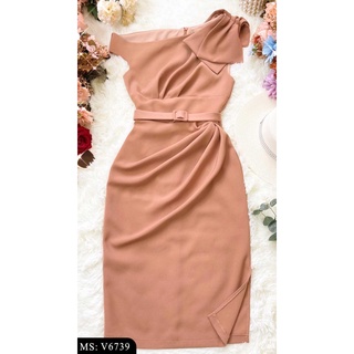 V6739 Đầm body nâu tây nơ vai