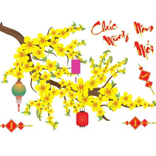 Decal trang trí tết CÀNH MAI VÀNG MẪU 09 (kèm họa tiết nổi)