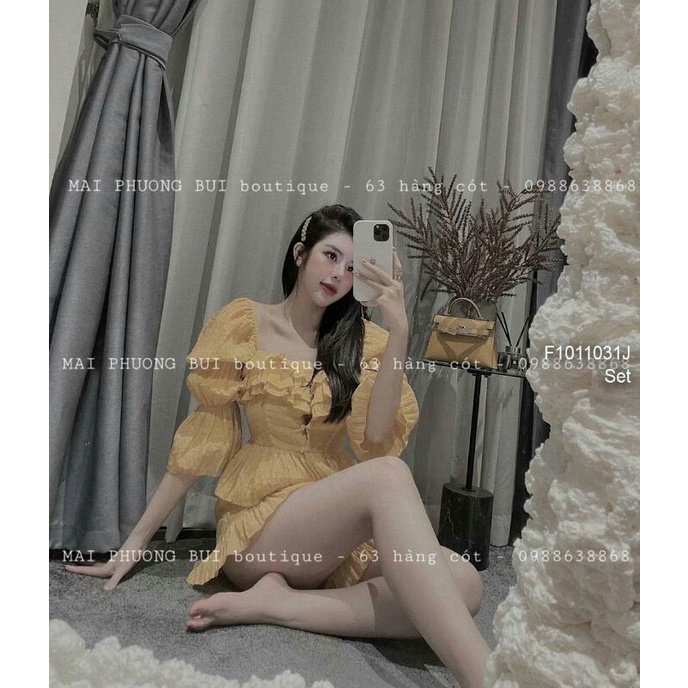 Set xốp áo phối bèo ngực tay lửng bồng kèm quần short lai bèo