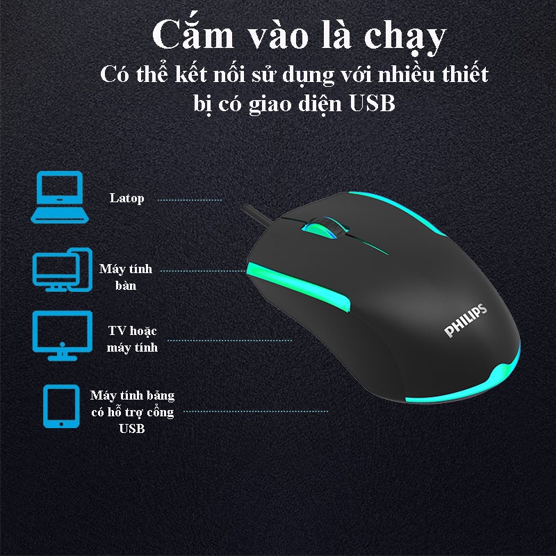Chuột chơi Game có dây Philips SPK 9314 1200DPI đèn led RGB nhiều màu đầm tay dùng văn phòng cực tốt