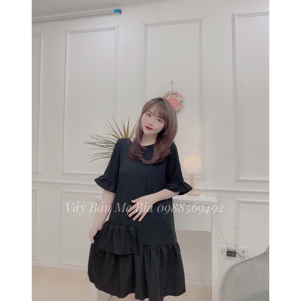 Váy bầu bigsize - Đầm bầu thiết kế GuMe ĐEN TAY LỠ ĐUÔI CÁ 2 TẦNG_ MB187