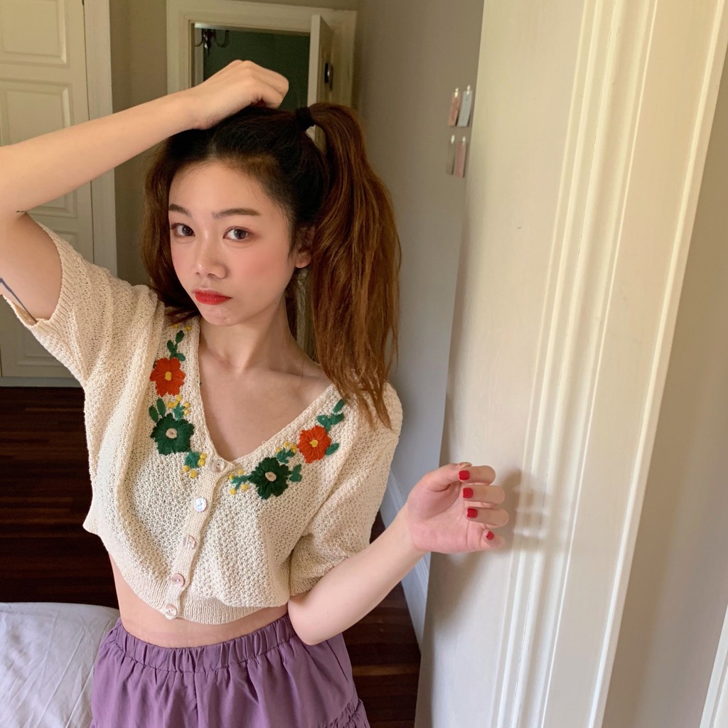 Xiaozhainv Áo Cardigan Xiaozhainv Dệt Kim Tay Ngắn 2 Màu Sắc Tùy Chọn Phong Cách Hàn Quốc Thời Trang