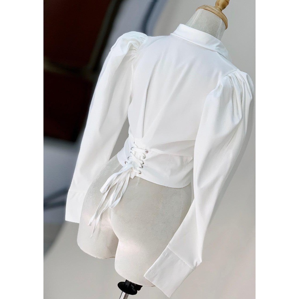 Áo sơ mi croptop vai phồng tay dài màu trắng suystore hàng thiết kế [Ảnh thật] | BigBuy360 - bigbuy360.vn