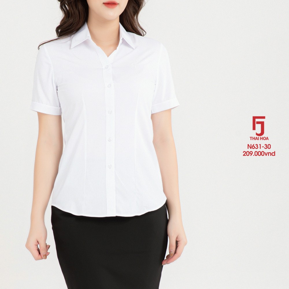 Áo sơ mi nữ Thái Hòa N631-30-01 Áo sơ mi nữ công sở ngắn tay, màu trắng, vải cottong kẻ tăm caro