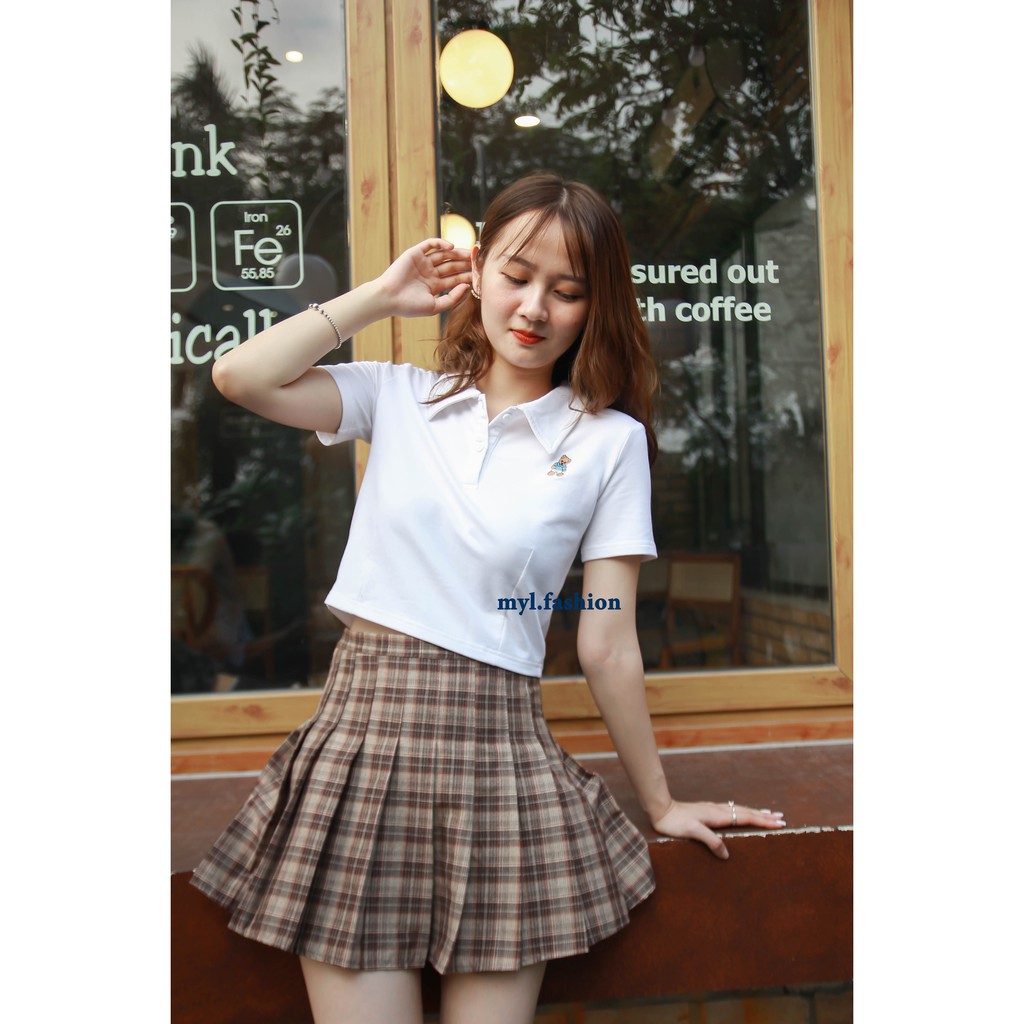 Áo thun croptop myl.fashion, áo kiểu croptop có cổ cộc tay thêu hình gấu | BigBuy360 - bigbuy360.vn