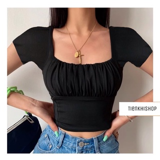 Áo thun nhúng dập ly ngực cổ U tay ngắn phom croptop cotton basic nữ BS29
