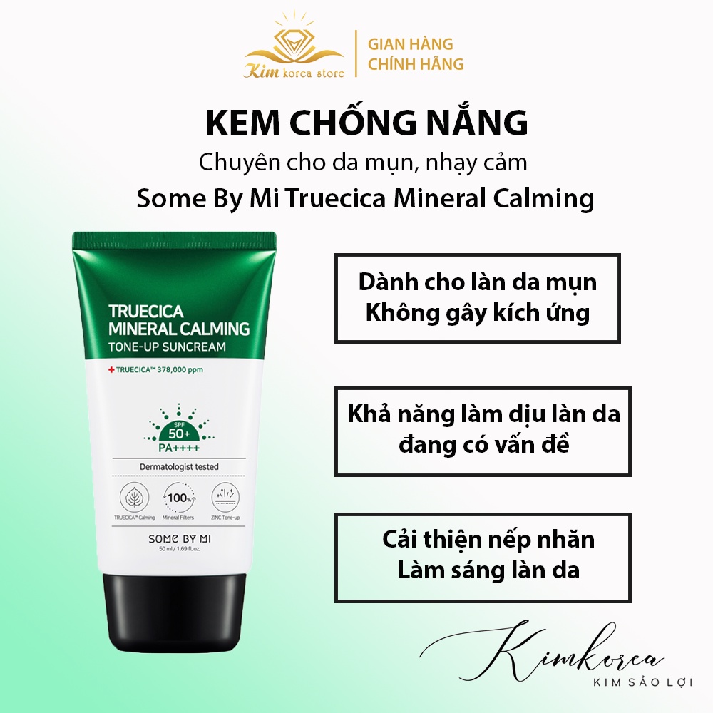 Kem chống nắng nâng tone kiềm dầu cho da mụn nhạy cảm Some by mi truecica mineral calming tone up  suncream