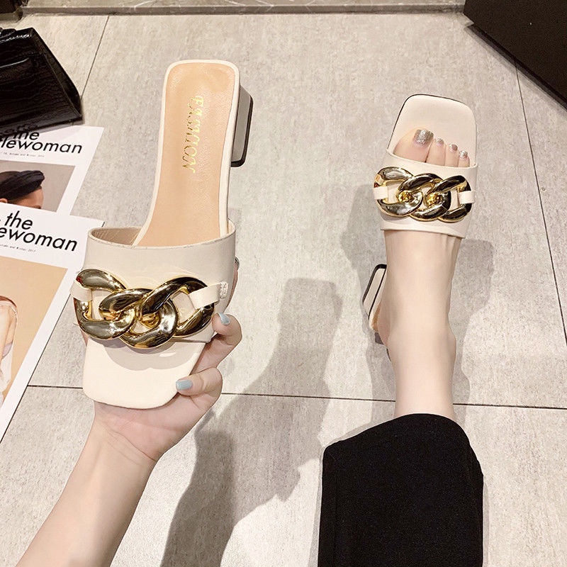 Dép Sandal Cao Gót Nữ Mũi Vuông Phối Kim Loại Thời Trang