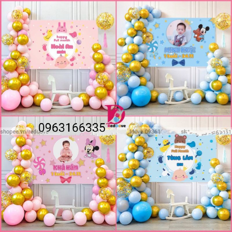 (freeship) Set bóng trang trí sinh nhật, trang trí thôi nôi cho bé gái, bé trai đơn giản, dễ làm, gồm phông