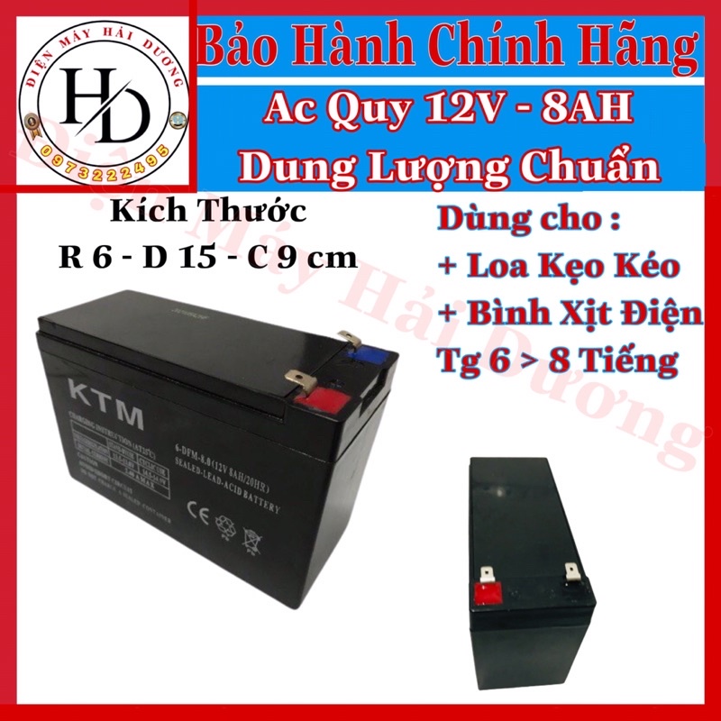 Bình ắc quy KTM.12V - 8AH.Dùng cho loa kẹo kéo,bình phun thuốc bằng điện.Dung lượng chuẩn.BH 6 T
