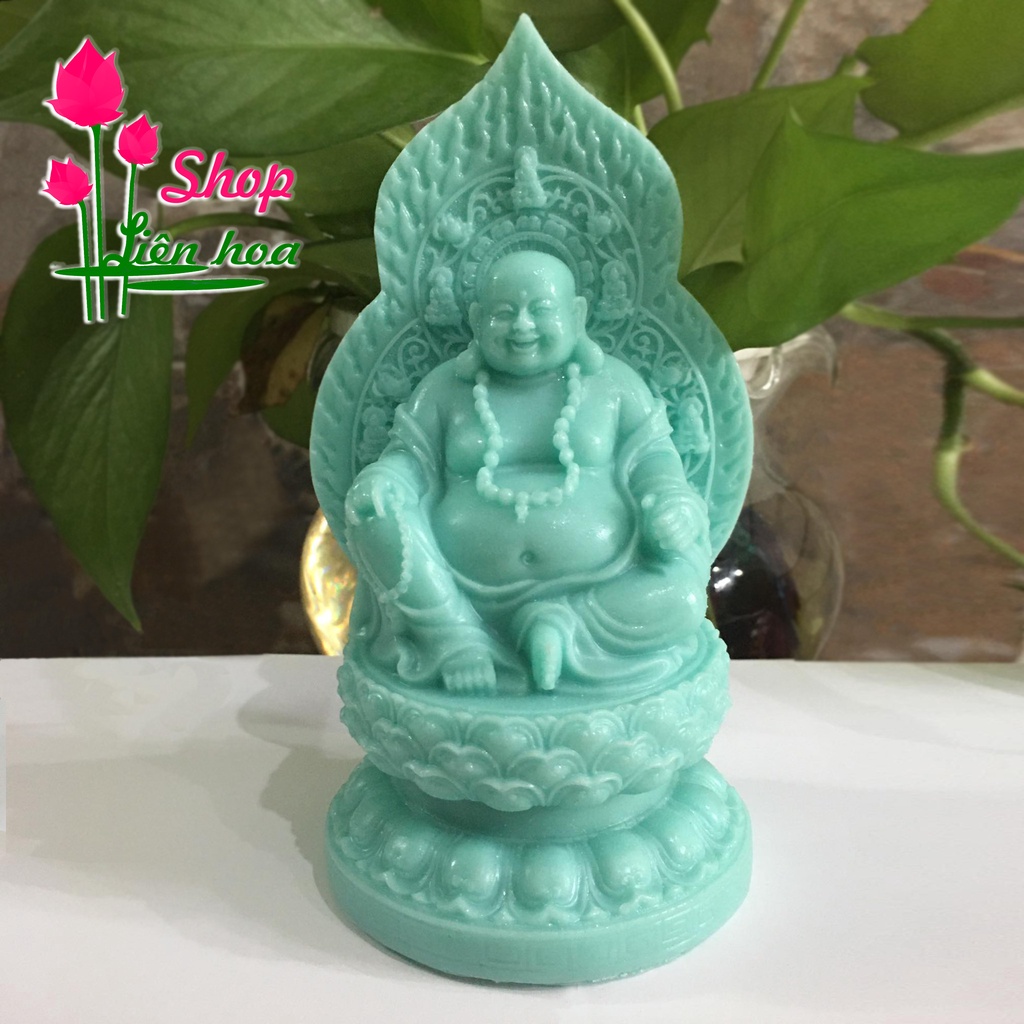 Tượng phật di lặc màu xanh ngọc ngồi tòa sen cao 17 cm mang an lạc bình an