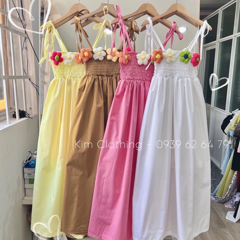 [Hàng sẵn - Hình thật] Đầm hai dây maxi nhúng thun ngực đính hoa rời xinh xắn