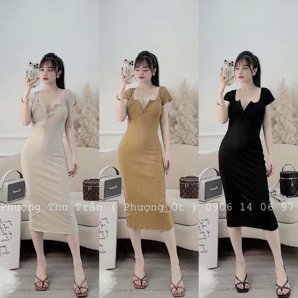 Váy tăm body cổ khuy tay cộc vát nhiều màu xinh