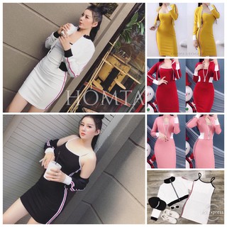 Set Đầm Body kèm áo khoác viền - Kèm hình Thật