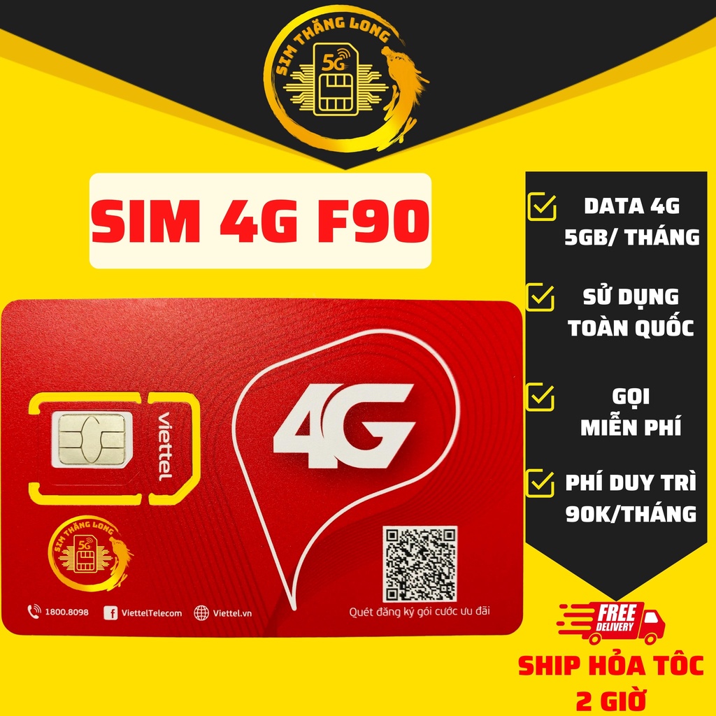 Sim 4G Viettel F90 Gọi Miễn Phí nội mạng + 15 Phút Gọi Ngoại Mạng + 5Gb Data Tốc Độ Cao + 250 SMS
