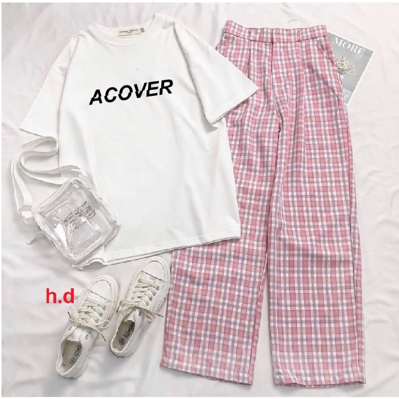 Set áo thun quần kẻ Hồng ống suông rộng uncover
