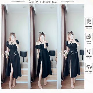 Váy đầm nữ đầm cổ yếm tay cột nơ xẻ tà trẻ trung