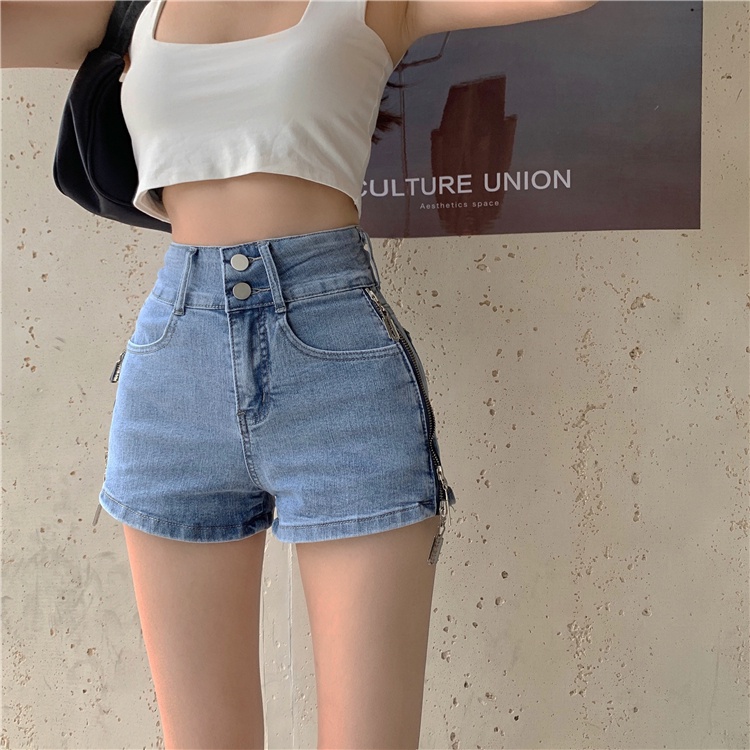 DUNEA Quần Đùi Denim Lưng Cao Phối Khóa Kéo Phong Cách Đường Phố Cho Nữ