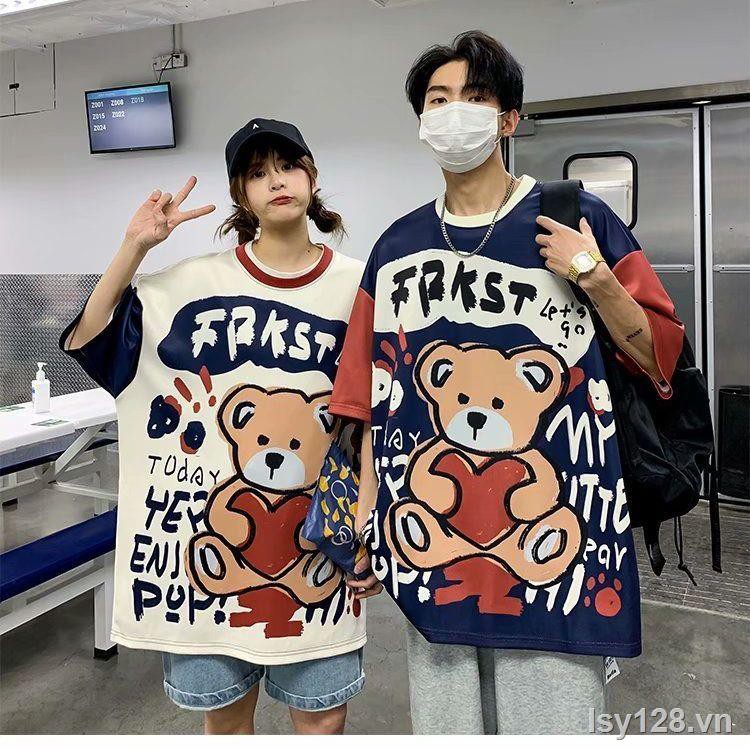 Ngắn tay☢♟Áo thun cặp đôi mùa hè in hình gấu tay ngắn học sinh phiên bản Hàn Quốc nam nữ rộng rãi và đa năng của thương hiệu thời trang