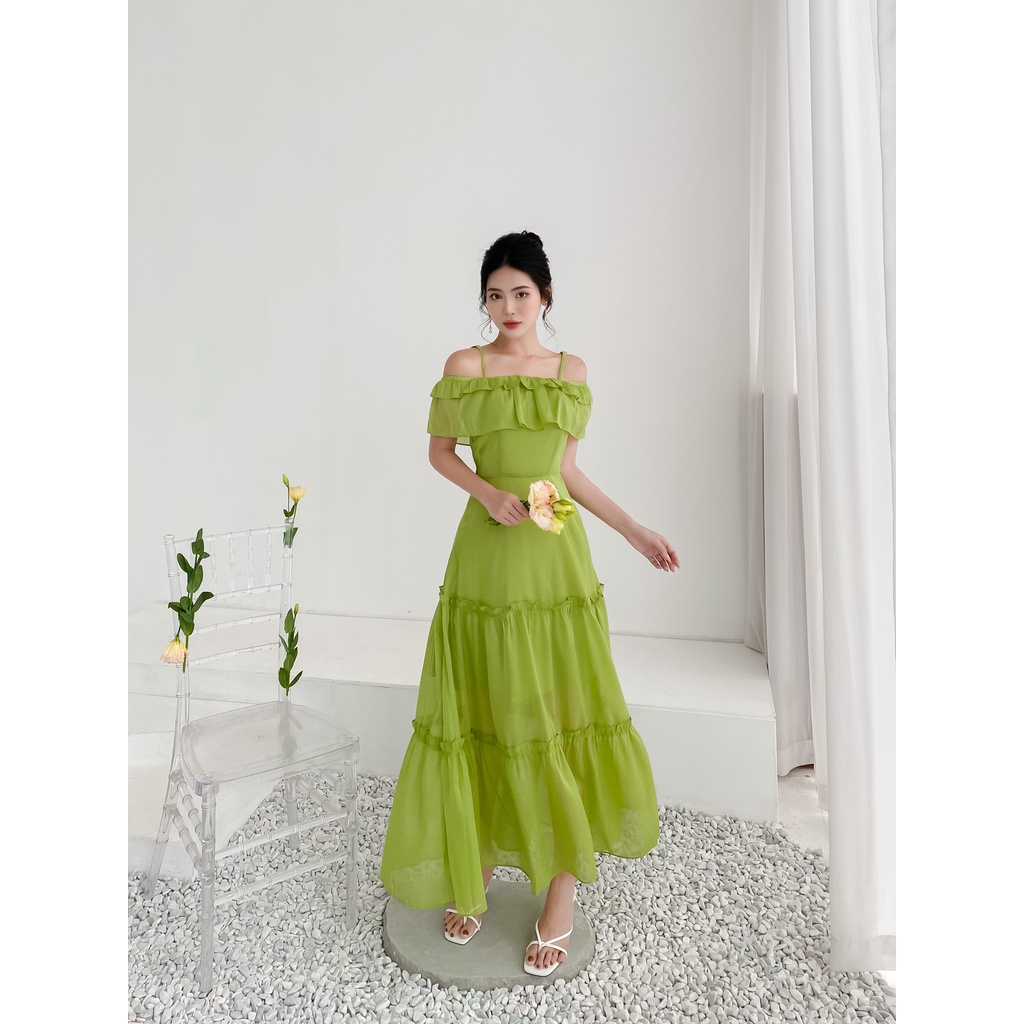 Váy trễ vai dáng dài màu xanh chất tơ óng cao cấp YAME