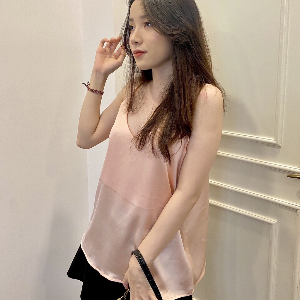 ÁO 2 dây lụa satin - Áo nữ cổ V màu hồng chất mềm siêu hot