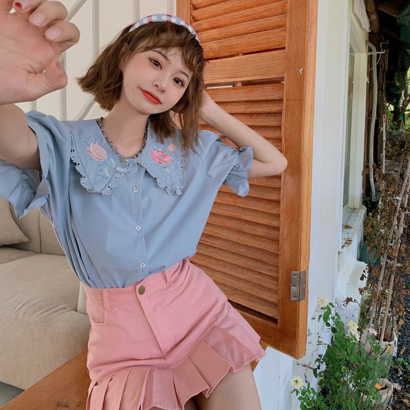 SUXI Áo sơ mi tay ngắn dáng rộng phối ren thêu họa tiết thời trang mùa hè Pháp cổ điển thanh lịch cho nữ