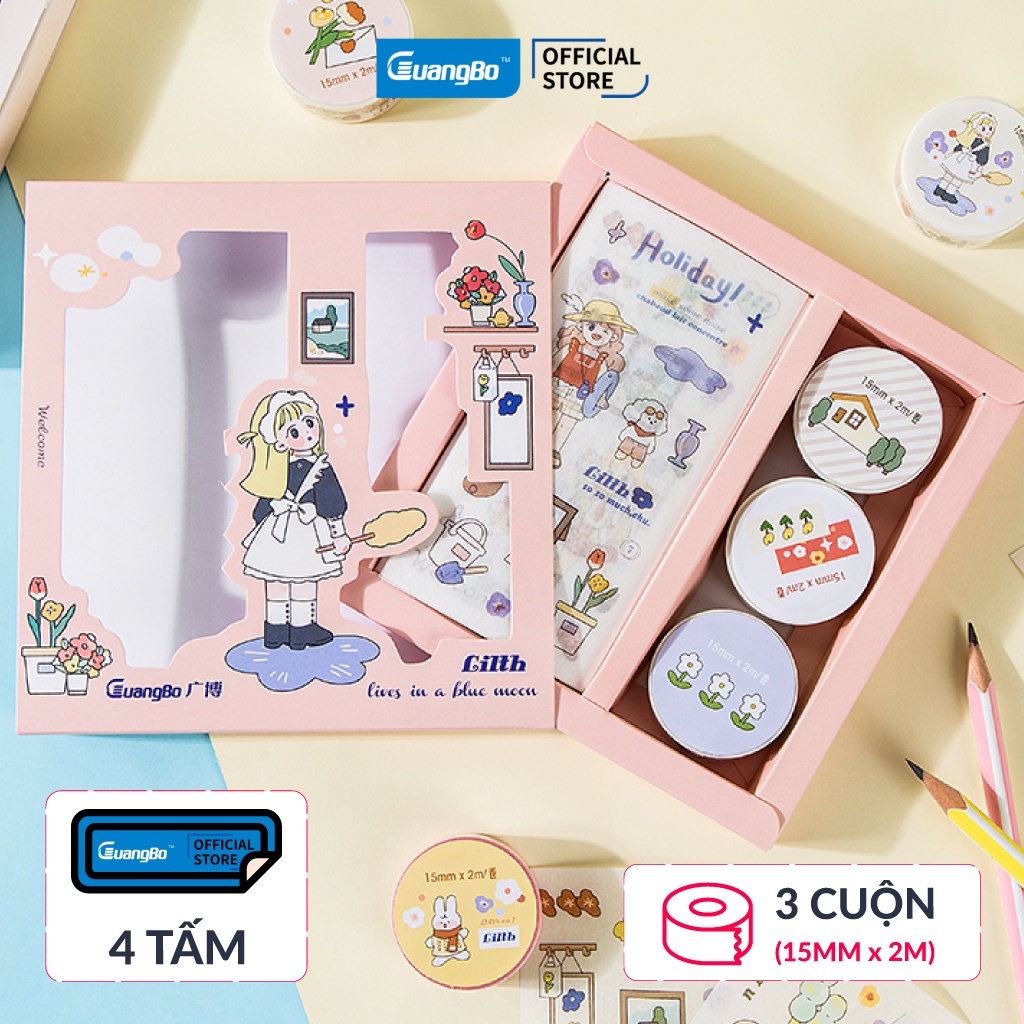 Bộ hộp 3 cuộn băng dính washi tape + 4 stickers GuangBo 4 chủ đề trang trí sổ Bullet Journal H97045