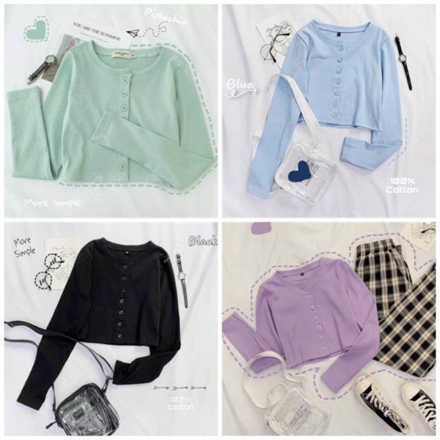 Áo Croptop Cổ Tim Tay Dài YAN Phối Khuy Unisex màu Trắng/Đen/Xanh/Tím
