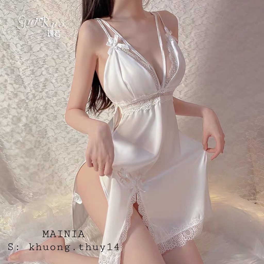 [Cao Cấp Siêu Đẹp] Đầm Ngủ Váy Ngủ Lụa Phối Ren Xẻ Tà Dây Chéo Ngực Gợi Cảm Sexy Quyến Rũ Mainia Shop