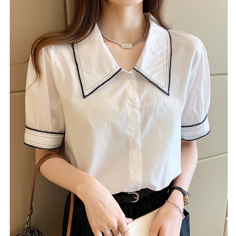 Áo sơ mi công sở Bigsize Áo kiểu nữ form rộng tay ngắn cổ bèo mùa hè Phong cách Hàn Quốc Thời Trang tiểu thư sang chảnh cá tính xinh đẹp quảng châu cao cấp