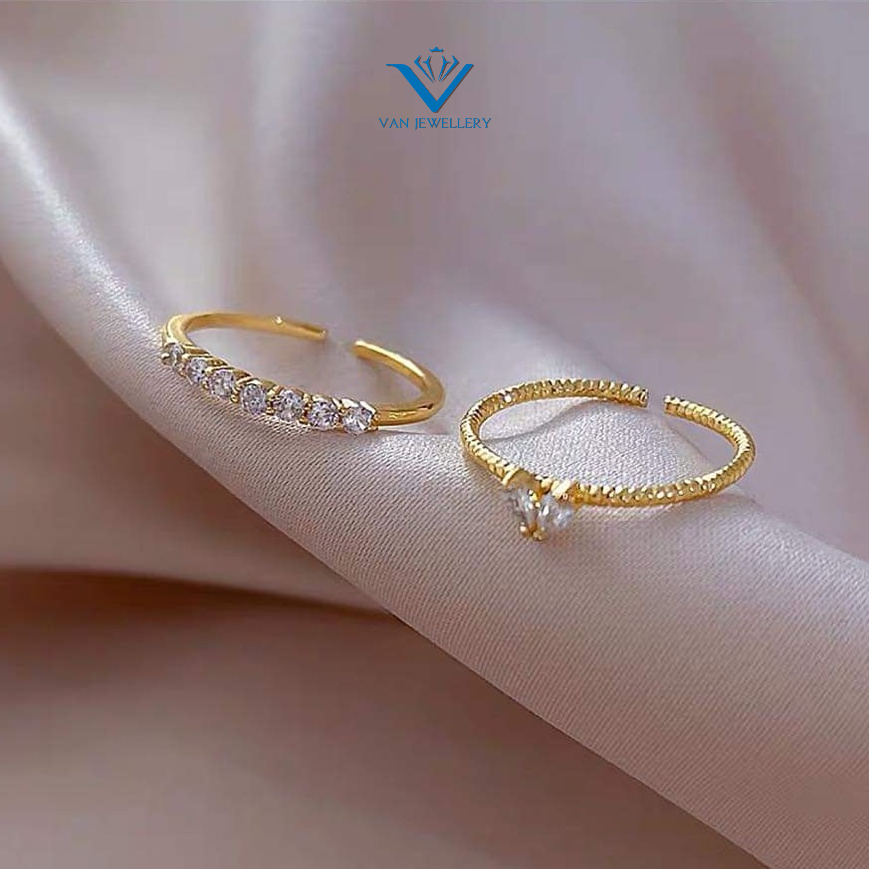 Nhẫn bạc Nhẫn một hàng đá và tim nhỏ cặp đôi Van Jewelry V10739 nhẹ nhàng nữ tính