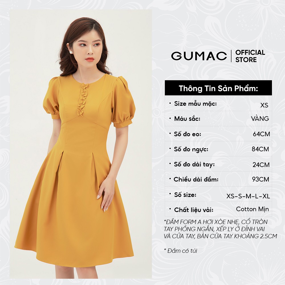 Đầm nữ phối họa tiết tay GUMAC ôm body, thiết kế màu vàng đủ size DB346 | BigBuy360 - bigbuy360.vn
