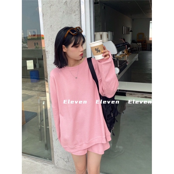 Set thể thao 2 món áo tay dài form rộng + quần short ngắn thời trang