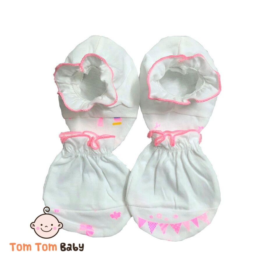 Bộ bao tay chân cotton sơ sinh họa tiết trắng JOU- chất vải rất đẹp