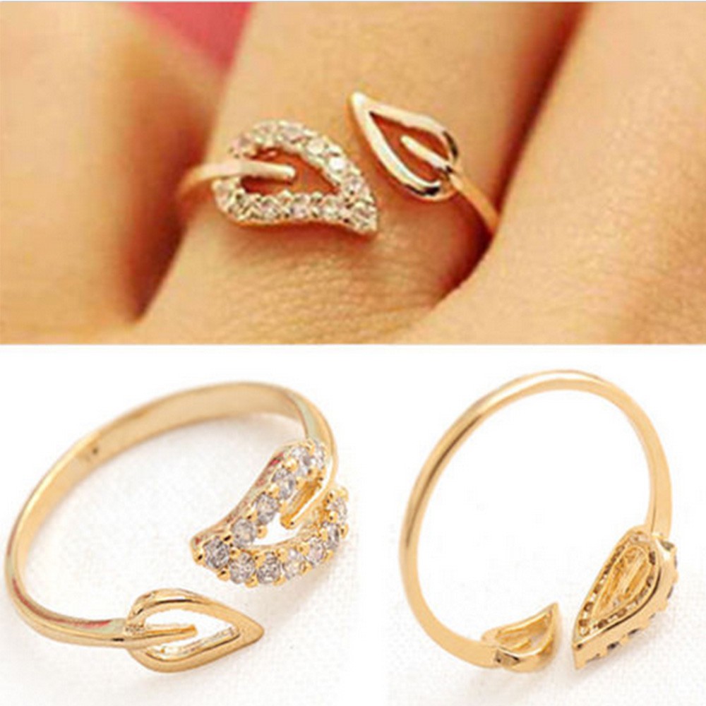 Nhẫn hở hình lá có đính đá thời trang phong cách Hàn Quốc