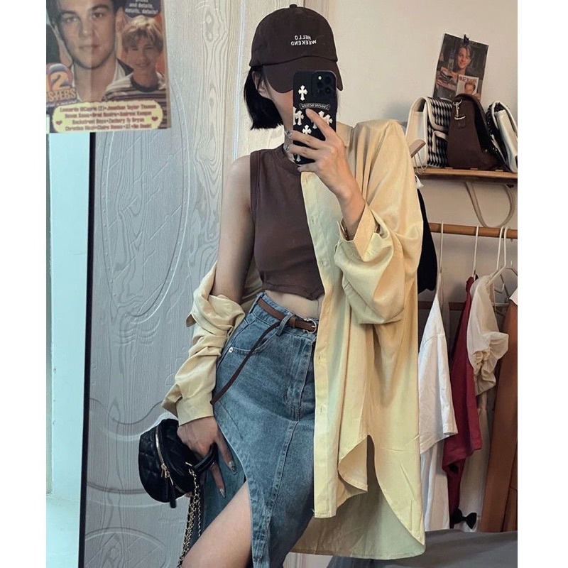 Chân váy jeans dài hack chân có xẻ vạt quyến rũ phong cách ulzzang đường phố kèm ảnh thật
