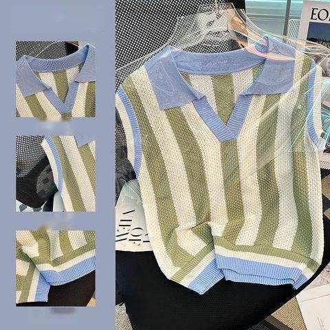Áo Sweater Sát Nách Dáng Rộng Cổ Polo Họa Tiết Kẻ Sọc Màu Sắc Tương Phản Thời Trang Mùa Hè Cho Nữ