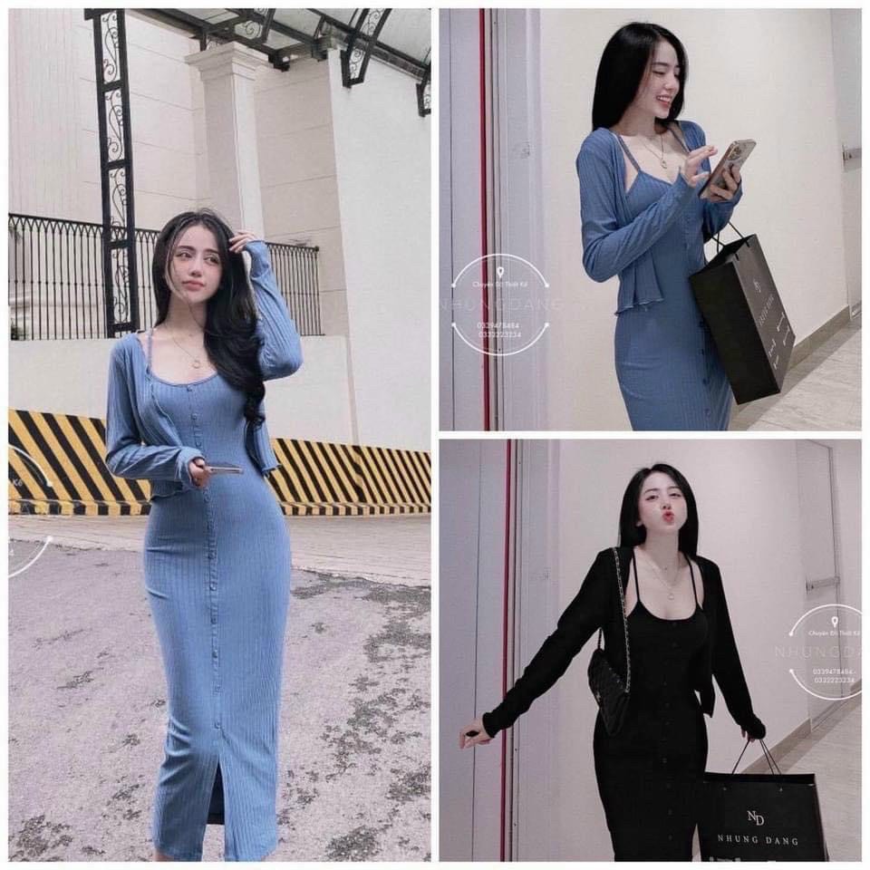 set đầm gân 2 dây hàng nút kèm áo khoác ngoài mềm mịn thu đông l