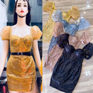 Đầm body cúp kim sa phối lưới tay phồng