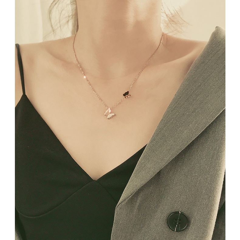 Dây chuyền bằng thép titan 18K màu vàng hồng mặt hình bướm ba chiều
