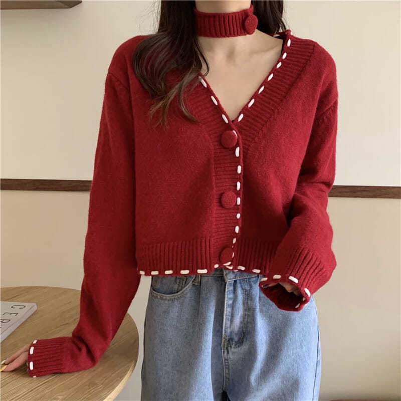 Áo khoác len cardigan tay dài cổ chữ V màu đỏ / tím / trắng / đen phong cách Hàn Quốc