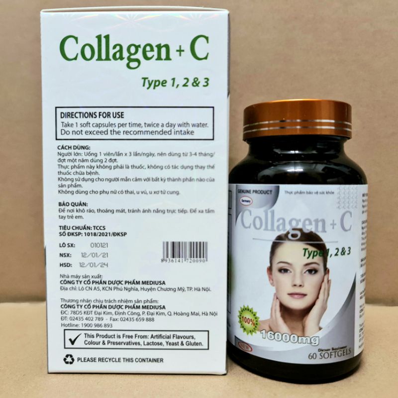 Collagen+C 16000mg đẹp da, chống lão hóa, mờ thâm, trắng da Hộp 60 viên | BigBuy360 - bigbuy360.vn