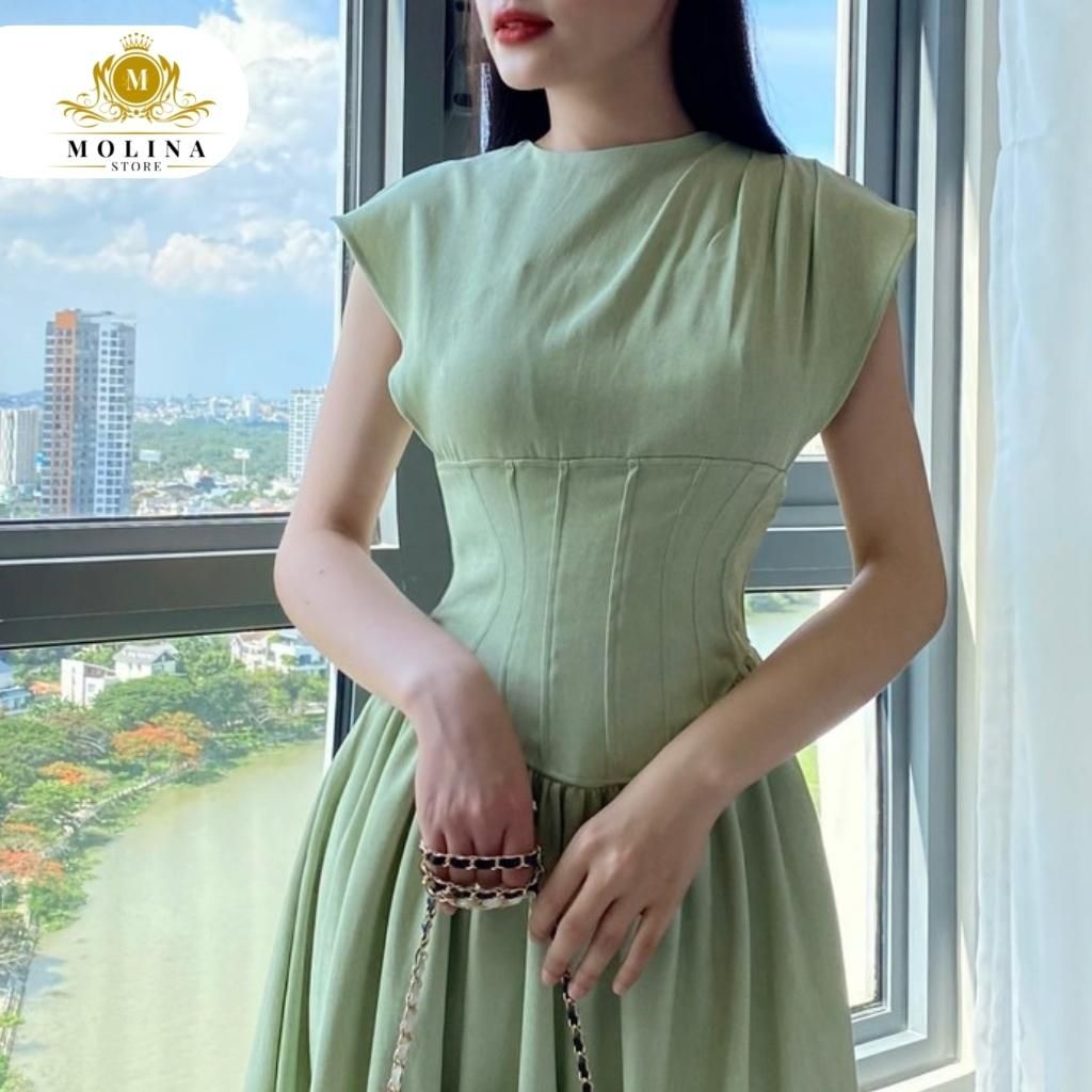 Đầm Corset Thiết Kế Molina Dáng Xòe Dài Chất Kaki Lụa Thanh Lịch