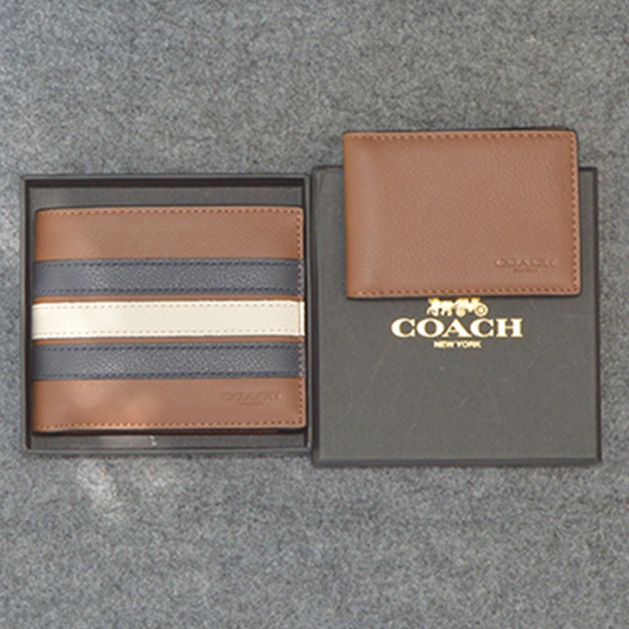 Ví Coach Compact ID Wallet F75399 màu nâu sọc trắng