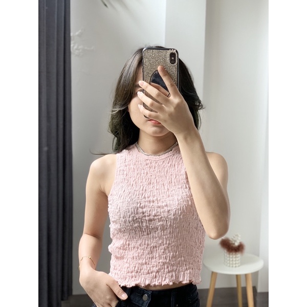 Áo ba lỗ nữ croptop dáng ôm body chất xốp nhăn co dãn 4 chiều hàng Quảng Châu cao cấp | BigBuy360 - bigbuy360.vn