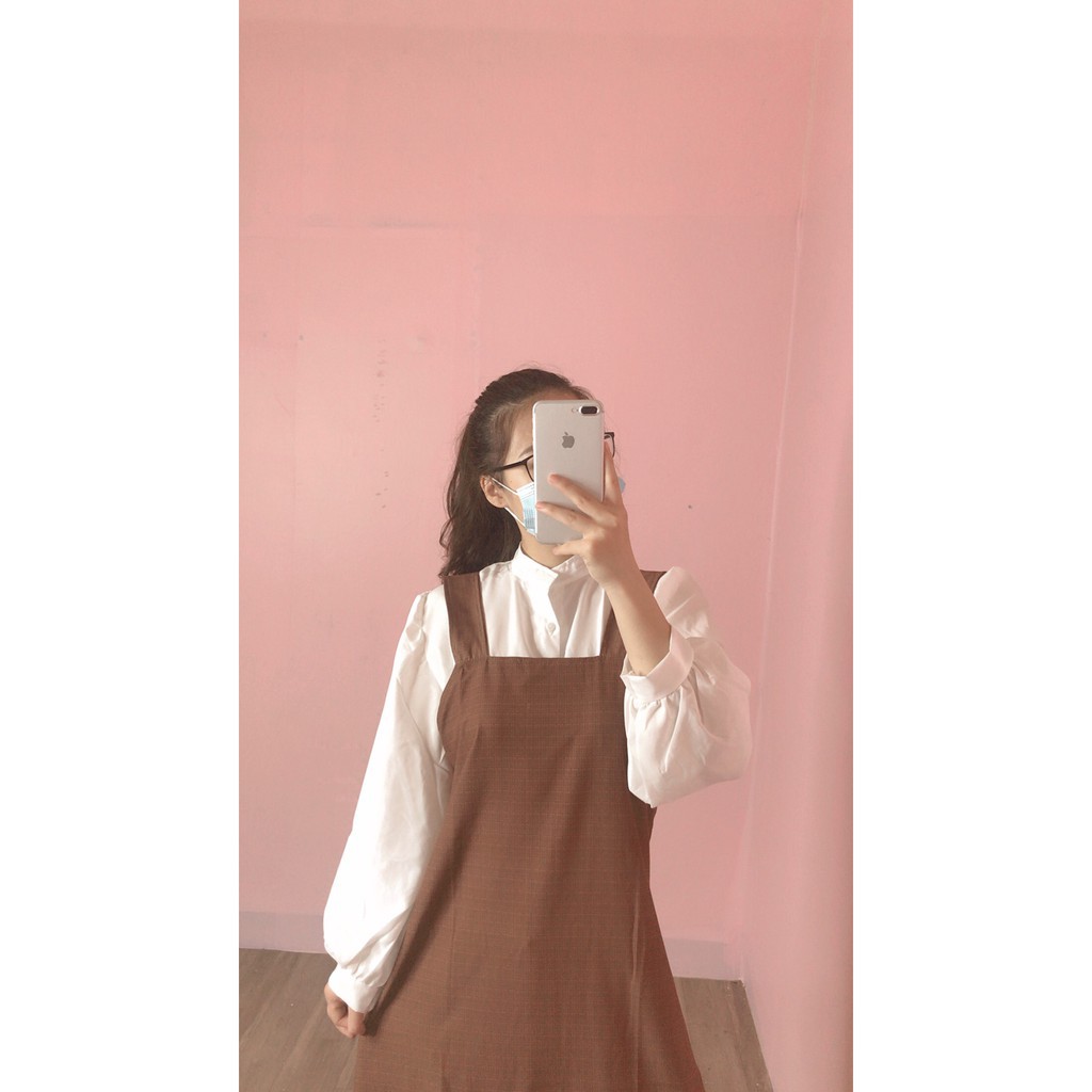 Set yếm 2 dây bản to dáng suông kèm áo sơ mi tay bồng tiểu thư phom rộng ulzzang | BigBuy360 - bigbuy360.vn